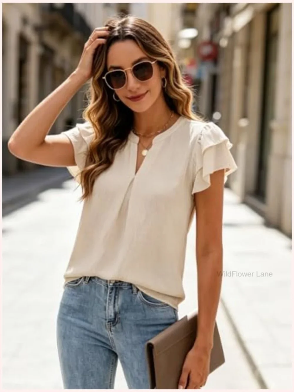 Ruffle Short Sleeve V Neck Tunic Blouse Flowy Business Casual Top Office Shirt - Picture 2 of 7